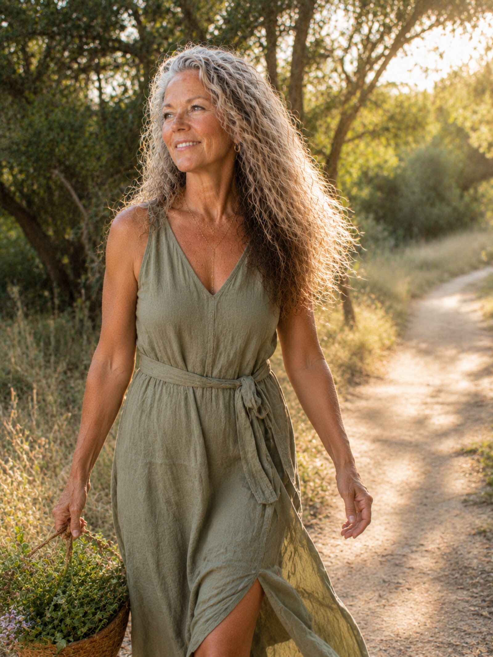 Jodi Isaacson walking a sunlit path carrying fresh greens